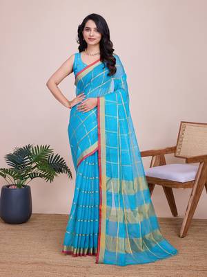 Sky blue woven cotton silk kota saree with blouse piece 1