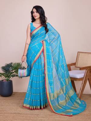 Sky blue woven cotton silk kota saree with blouse piece 3