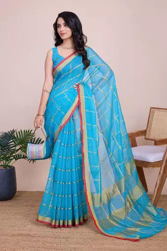 Sky blue woven cotton silk kota saree with blouse piece