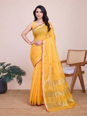Yellow woven cotton silk kota saree with blouse piece 1