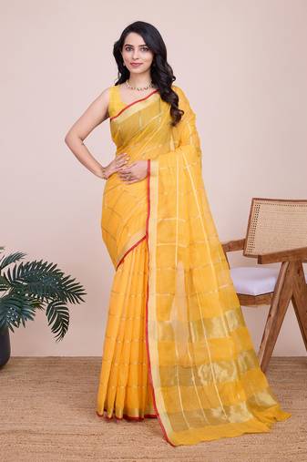 Yellow woven cotton silk kota saree with blouse piece