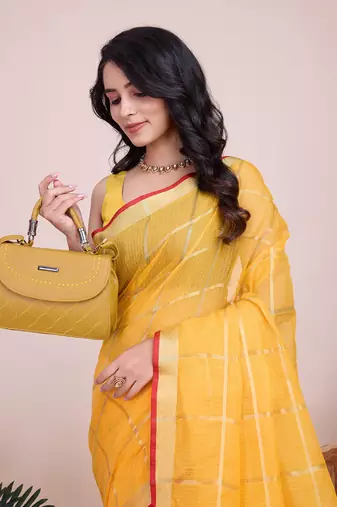 Yellow woven cotton silk kota saree with blouse piece