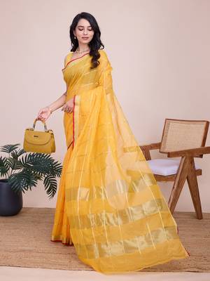 Yellow woven cotton silk kota saree with blouse piece 3