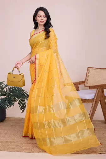 Yellow woven cotton silk kota saree with blouse piece