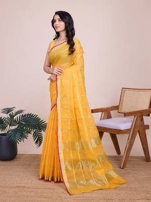 Yellow woven cotton silk kota saree with blouse piece 4