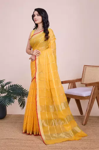 Yellow woven cotton silk kota saree with blouse piece