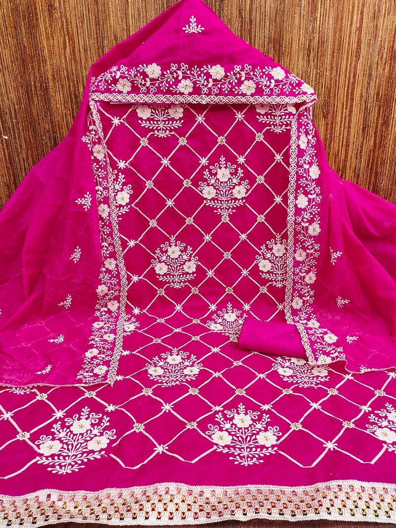 Rani Pink chanderi cotton dress material with white embroidery & floral lace dupatta