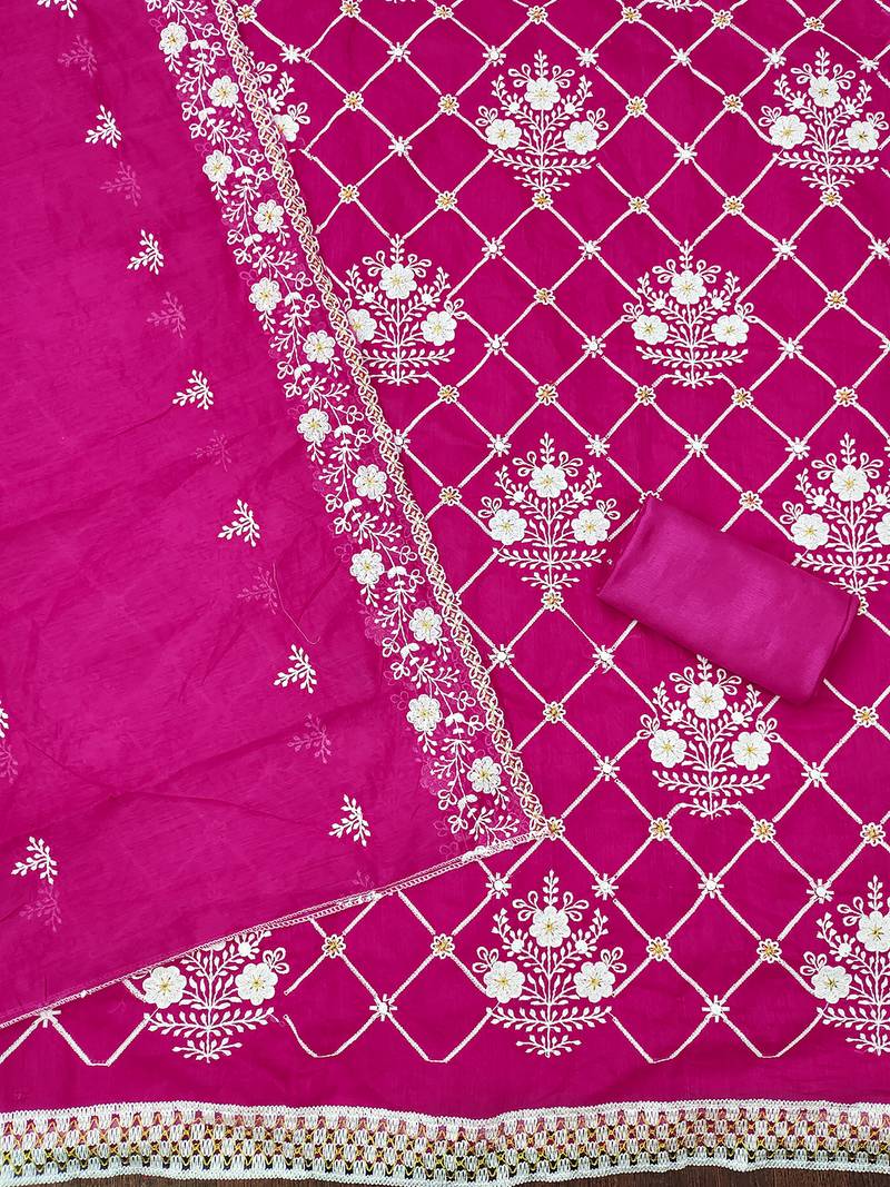 Rani Pink chanderi cotton dress material with white embroidery & floral lace dupatta
