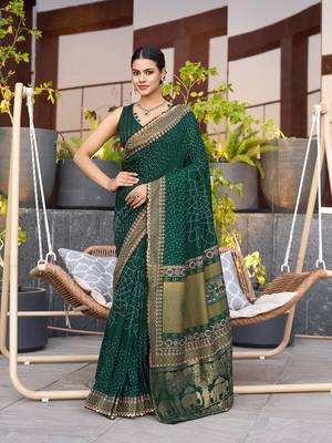Dark green printed cotton silk saree with blouse piece 1
