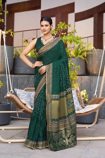 Dark green printed cotton silk saree with blouse piece