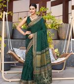 Dark green printed cotton silk saree with blouse piece