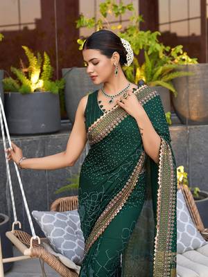 Dark green printed cotton silk saree with blouse piece 2