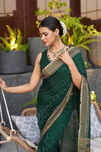 Dark green printed cotton silk saree with blouse piece