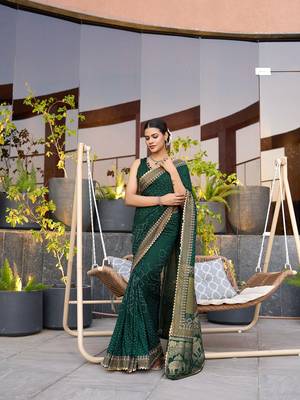 Dark green printed cotton silk saree with blouse piece 3