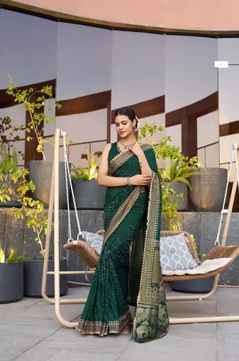 Dark green printed cotton silk saree with blouse piece