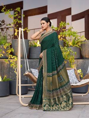 Dark green printed cotton silk saree with blouse piece 4