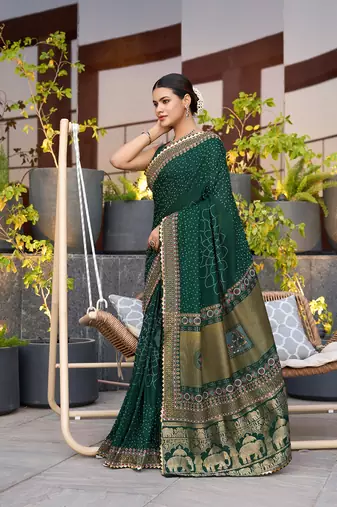 Dark green printed cotton silk saree with blouse piece