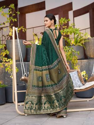Dark green printed cotton silk saree with blouse piece 5