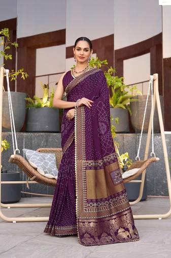 Magenta printed cotton silk saree with blouse piece