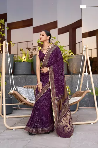 Magenta printed cotton silk saree with blouse piece