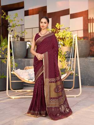 Maroon printed cotton silk saree with blouse piece 1