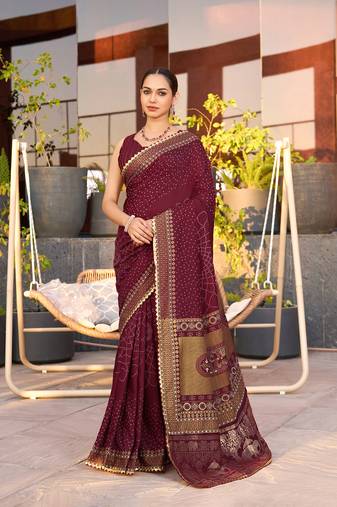 Maroon printed cotton silk saree with blouse piece