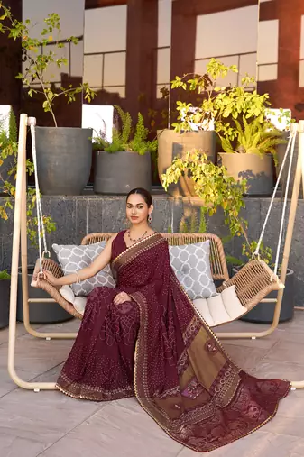Maroon printed cotton silk saree with blouse piece