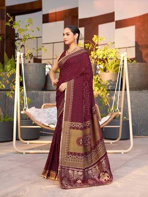 Maroon printed cotton silk saree with blouse piece 4
