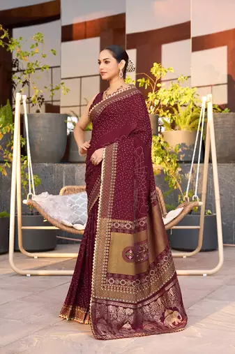 Maroon printed cotton silk saree with blouse piece