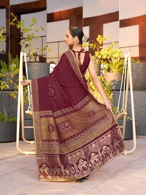 Maroon printed cotton silk saree with blouse piece 5