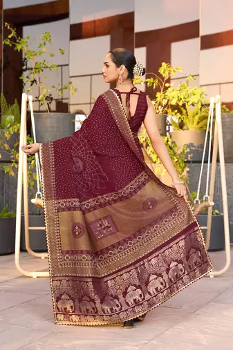 Maroon printed cotton silk saree with blouse piece