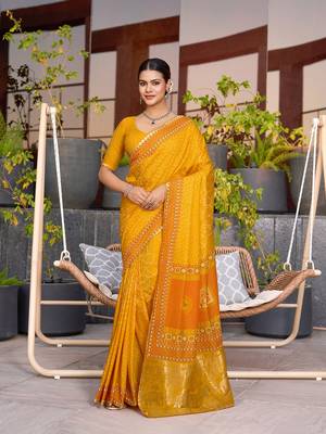 Mustard printed cotton silk saree with blouse piece 1