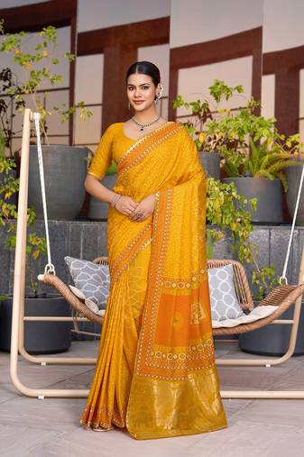Mustard printed cotton silk saree with blouse piece