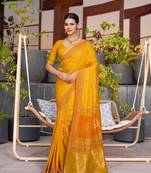 Mustard printed cotton silk saree with blouse piece