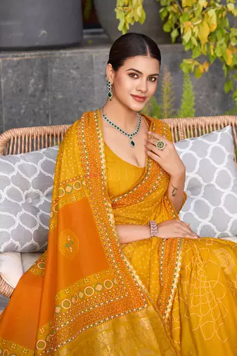 Mustard printed cotton silk saree with blouse piece