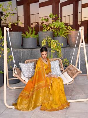 Mustard printed cotton silk saree with blouse piece 3