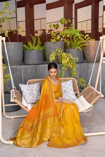 Mustard printed cotton silk saree with blouse piece
