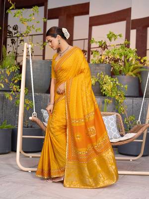 Mustard printed cotton silk saree with blouse piece 4