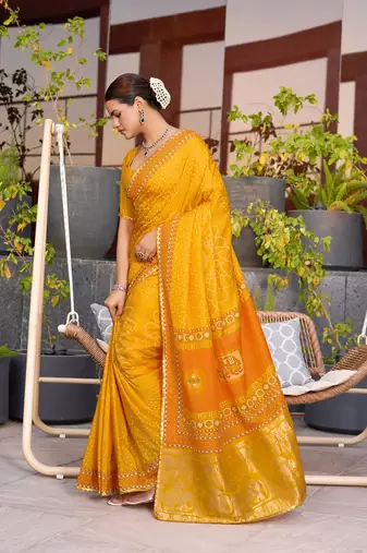 Mustard printed cotton silk saree with blouse piece