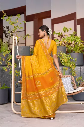 Mustard printed cotton silk saree with blouse piece