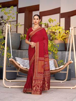 Red printed cotton silk saree with blouse piece 1