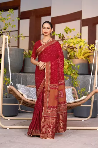 Red printed cotton silk saree with blouse piece