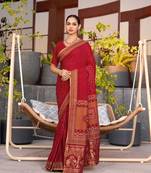 Red printed cotton silk saree with blouse piece