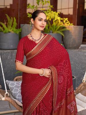 Red printed cotton silk saree with blouse piece 2