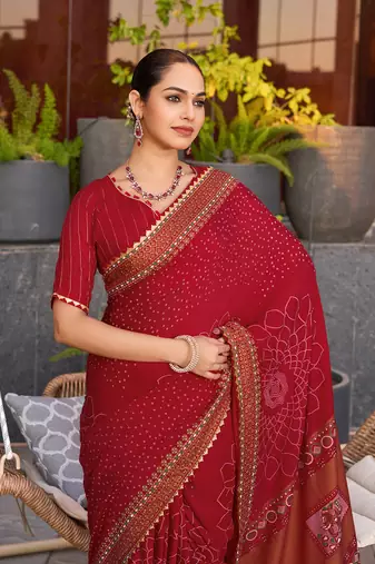 Red printed cotton silk saree with blouse piece