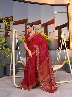 Red printed cotton silk saree with blouse piece 3