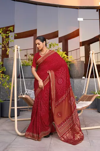 Red printed cotton silk saree with blouse piece