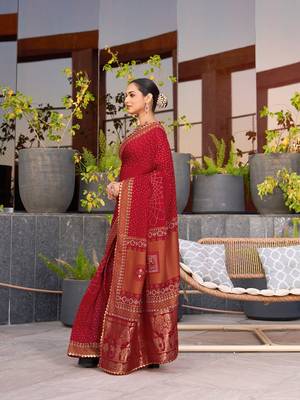 Red printed cotton silk saree with blouse piece 4