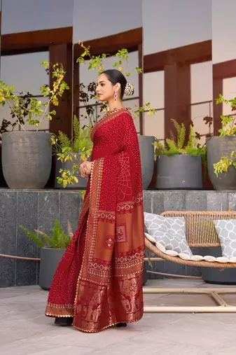 Red printed cotton silk saree with blouse piece