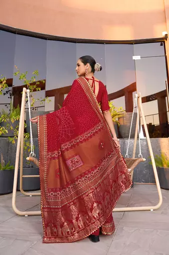 Red printed cotton silk saree with blouse piece